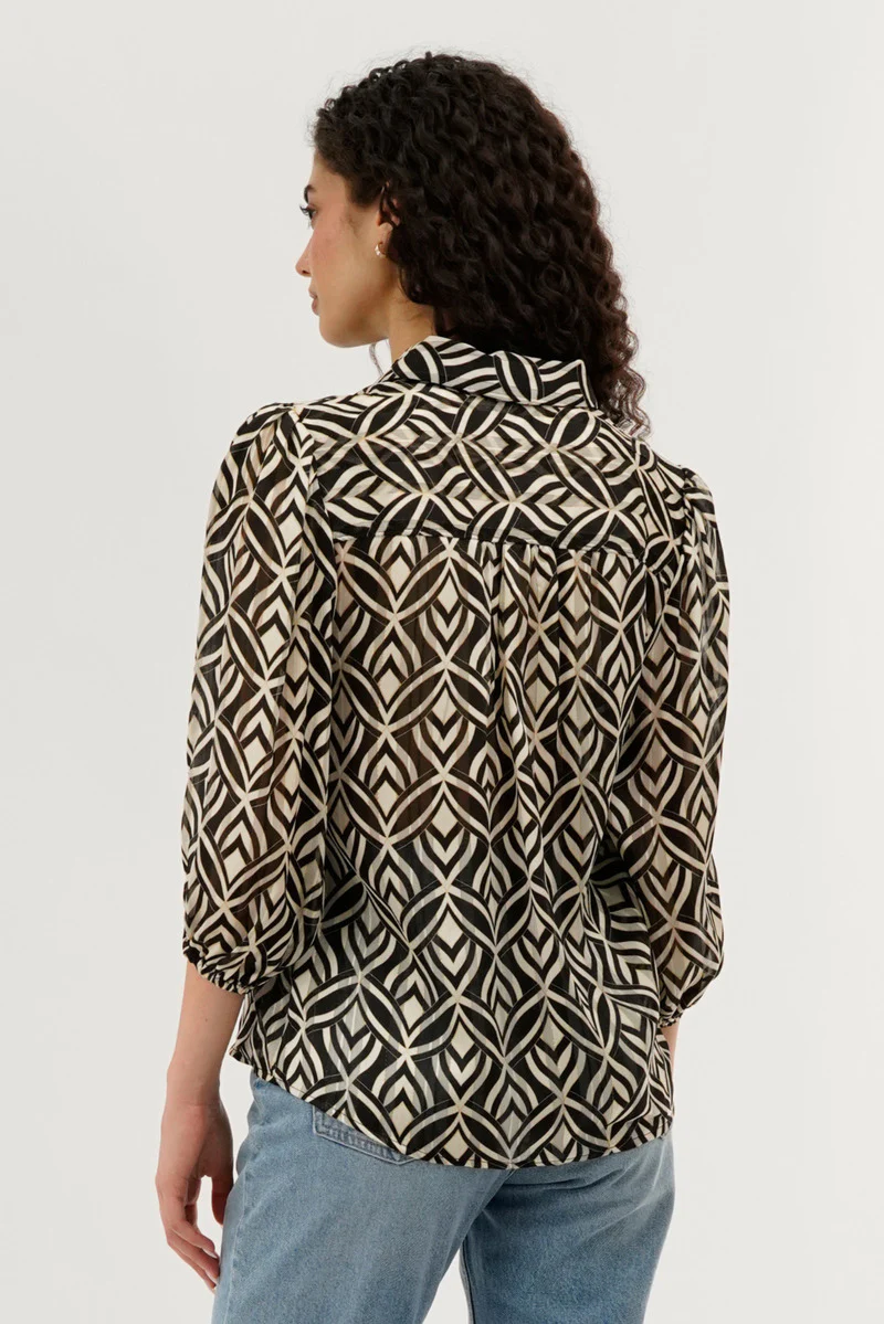 Costa Blanca Patterned Sheer Button Down Blouse - Cream - Image 3