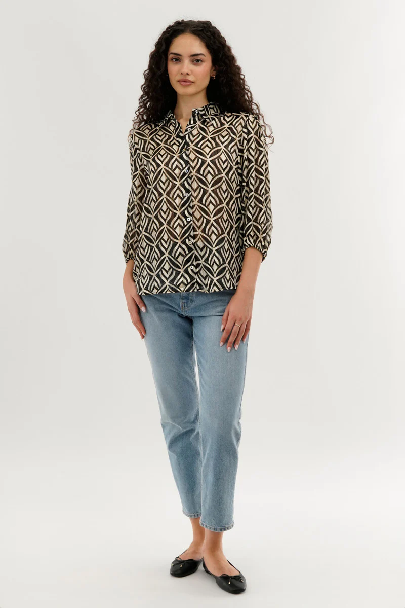 Costa Blanca Patterned Sheer Button Down Blouse - Cream - Image 5