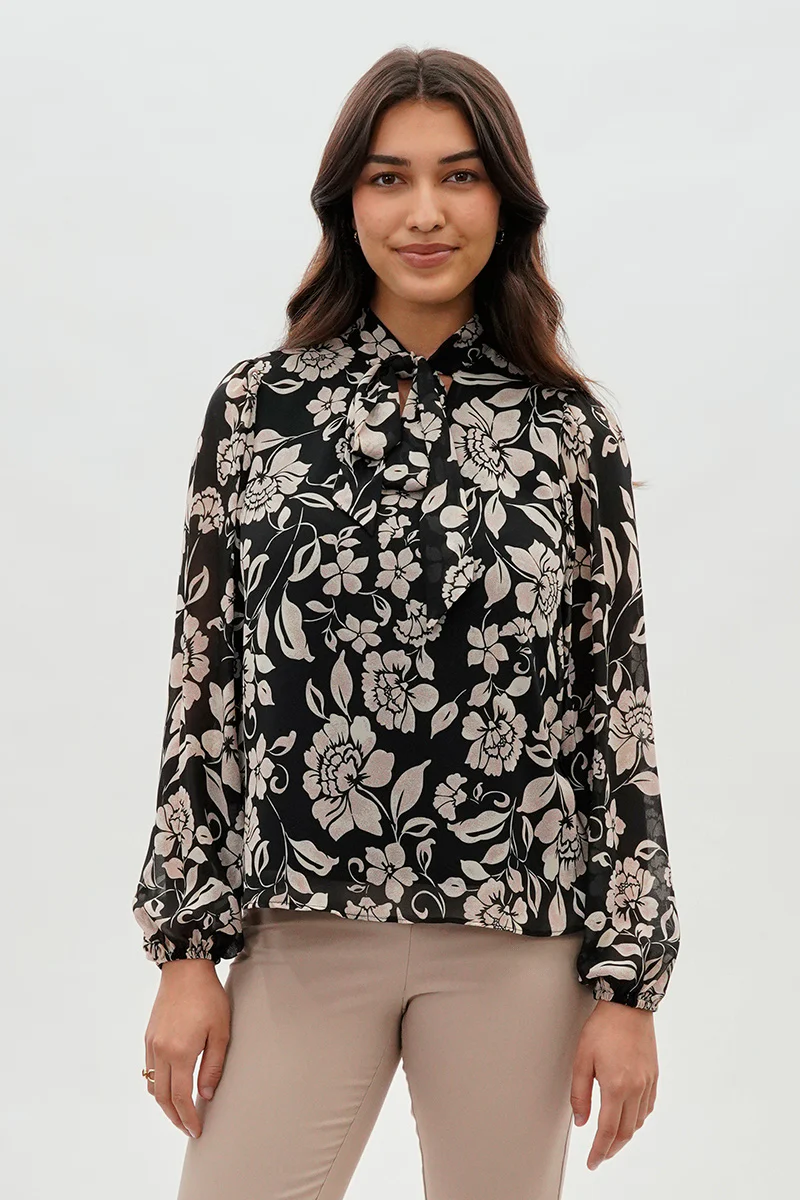Beechers Brook Floral Tie-Neck Chiffon Blouse - Black