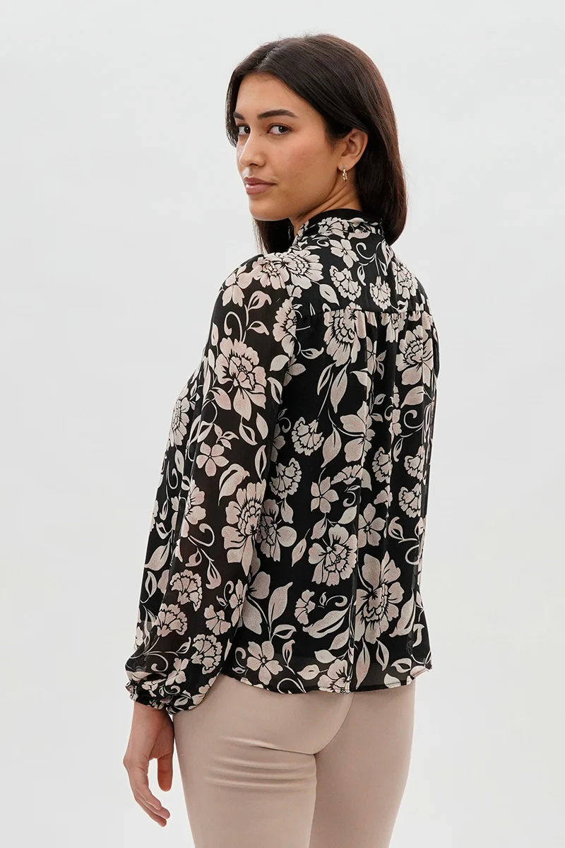 Beechers Brook Floral Tie-Neck Chiffon Blouse - Black - Image 3