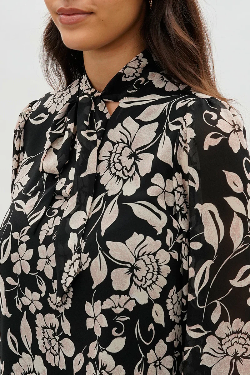 Beechers Brook Floral Tie-Neck Chiffon Blouse - Black - Image 4