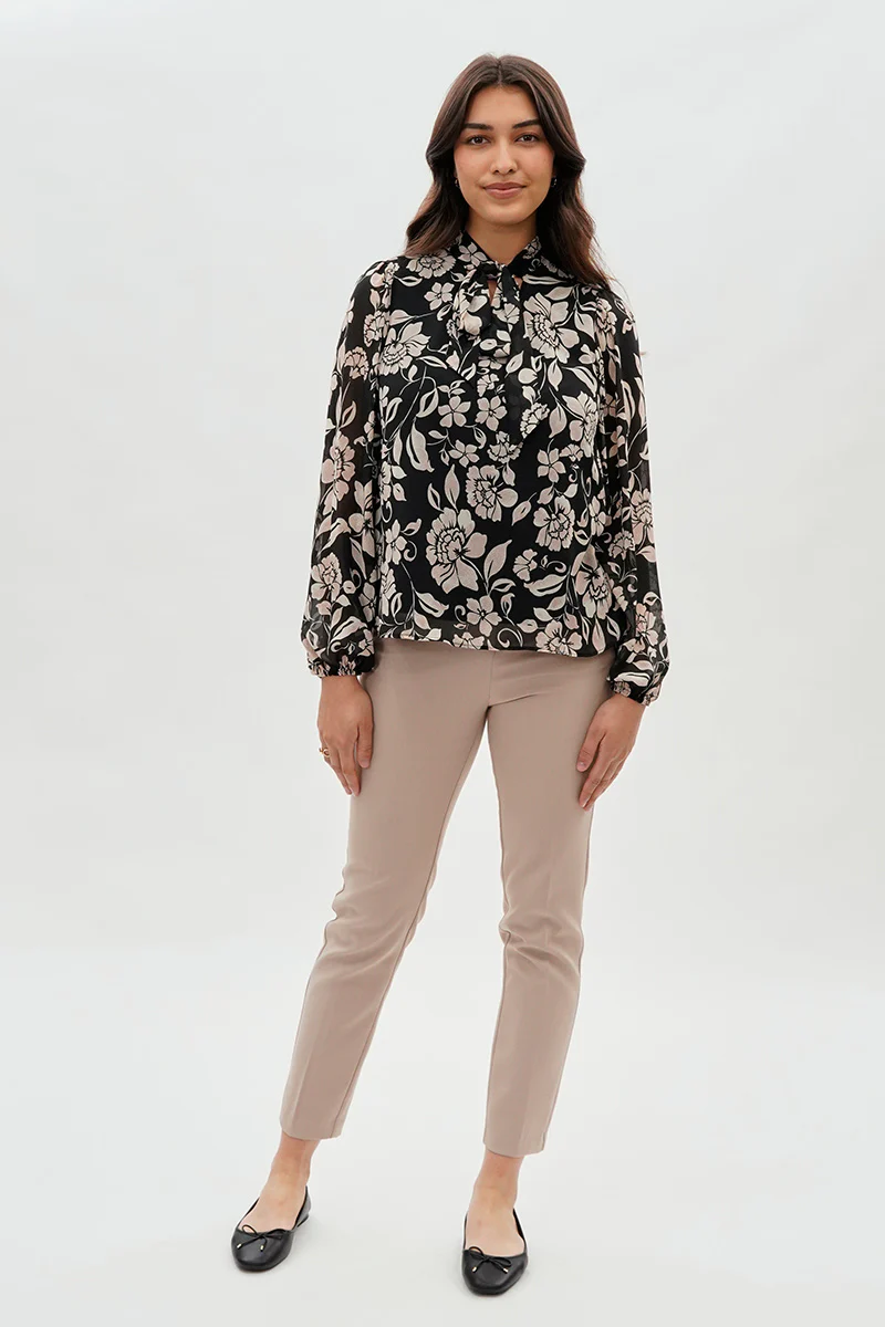 Beechers Brook Floral Tie-Neck Chiffon Blouse - Black - Image 5