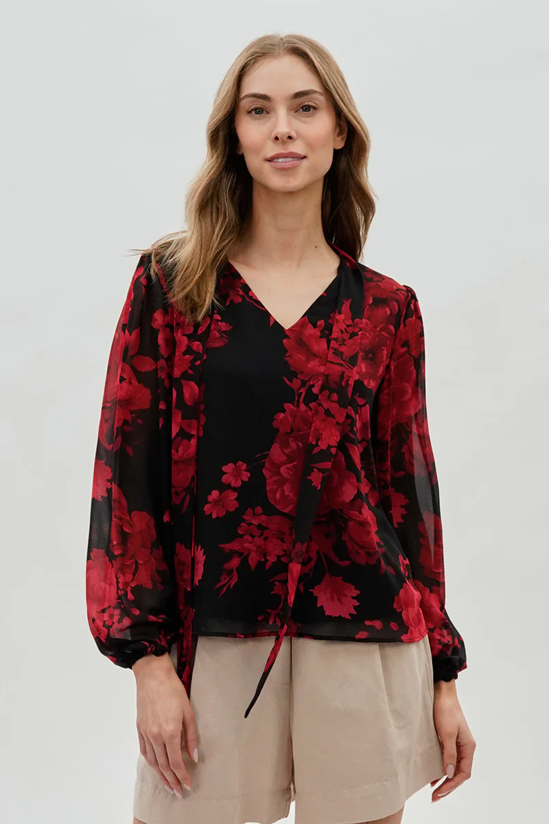 Beechers Brook Floral Tie-Neck Chiffon Blouse - Black