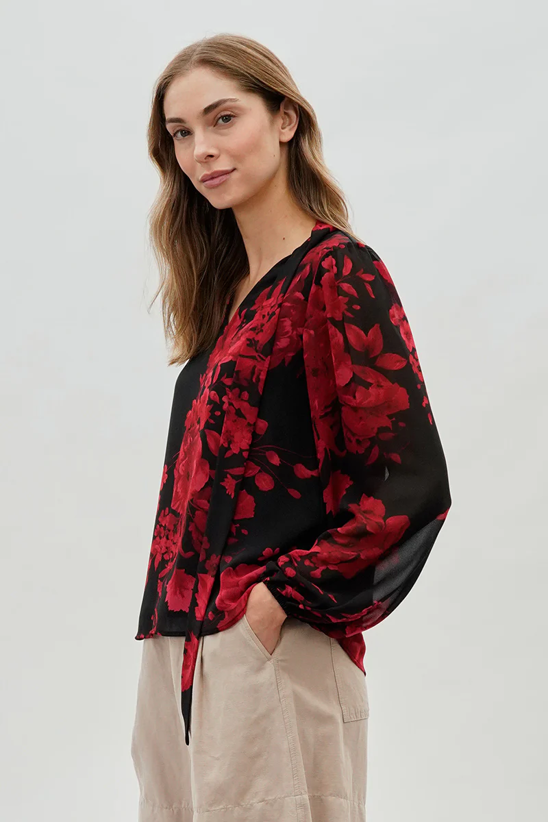Beechers Brook Floral Tie-Neck Chiffon Blouse - Black - Image 2