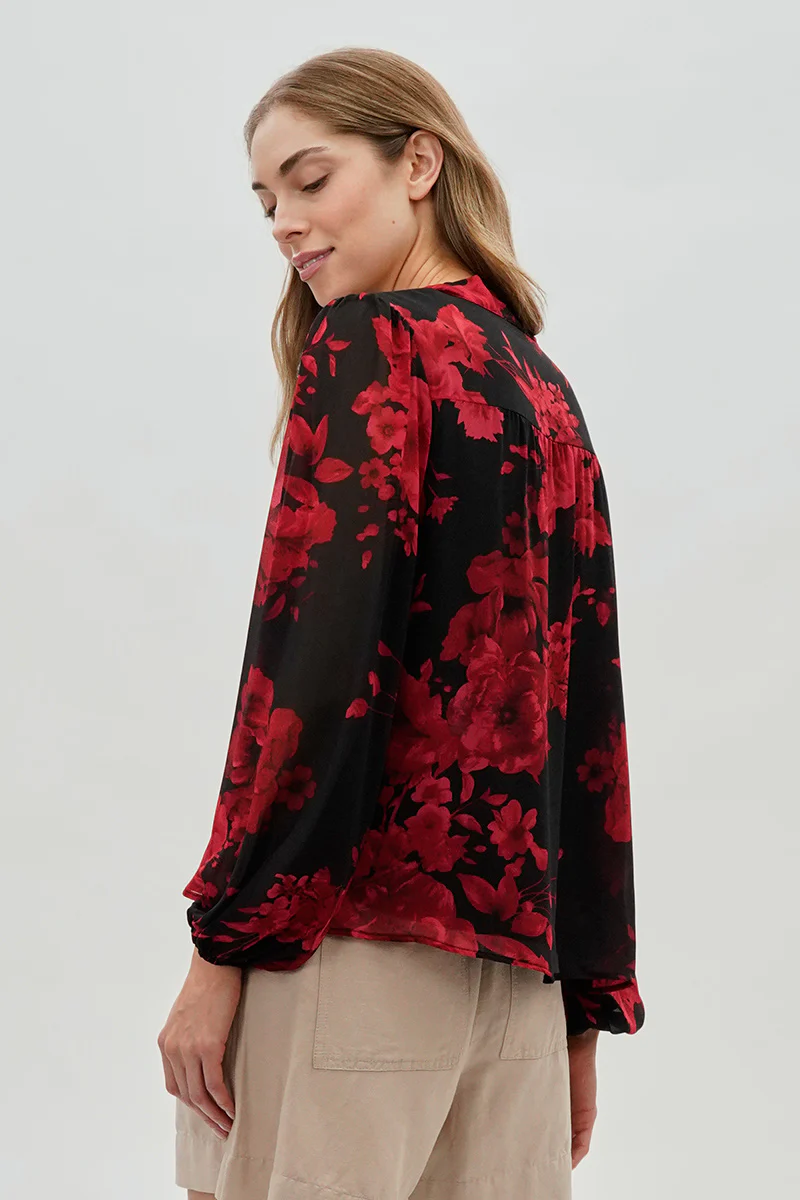 Beechers Brook Floral Tie-Neck Chiffon Blouse - Black - Image 3