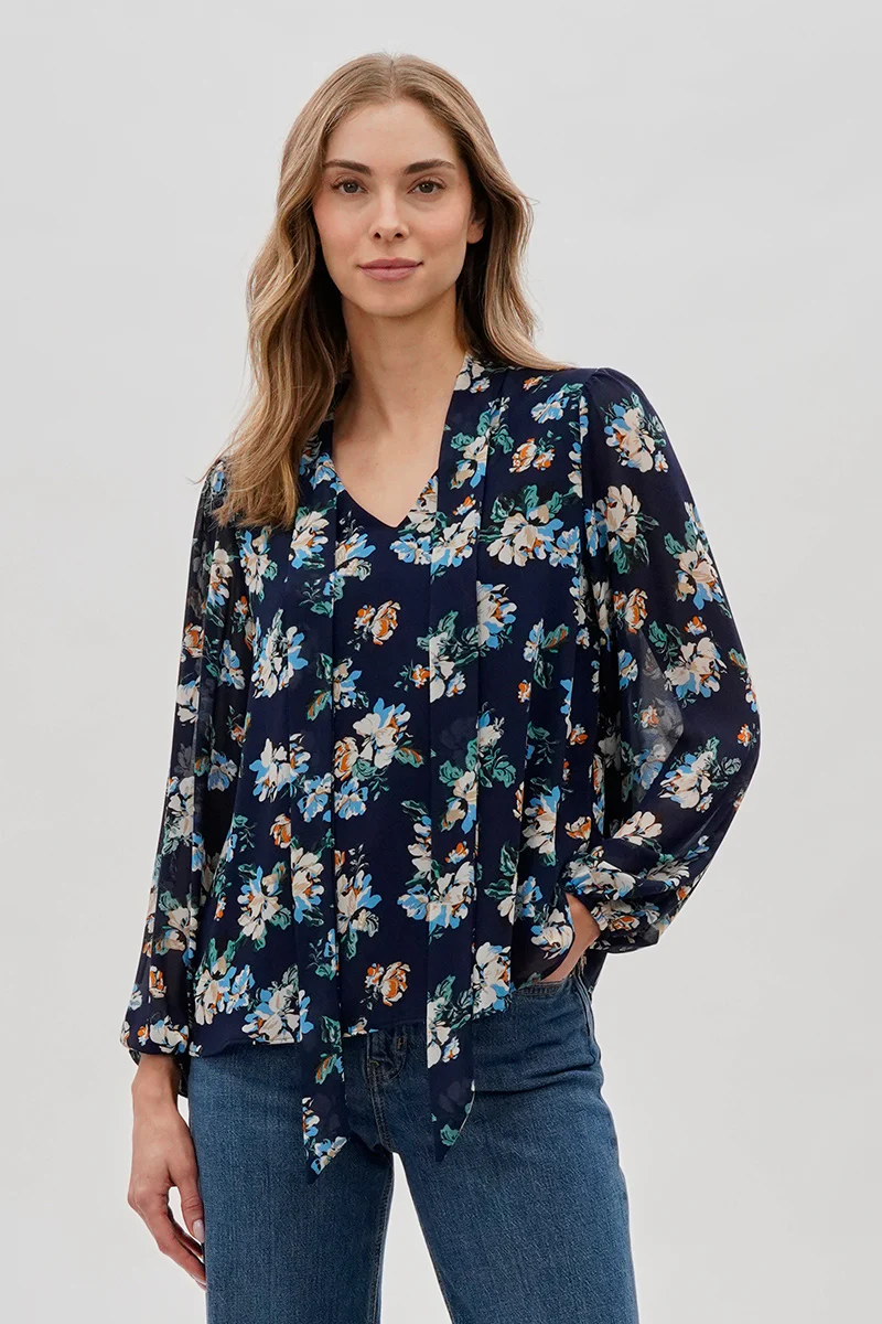 Beechers Brook Floral Tie-Neck Chiffon Blouse - Navy