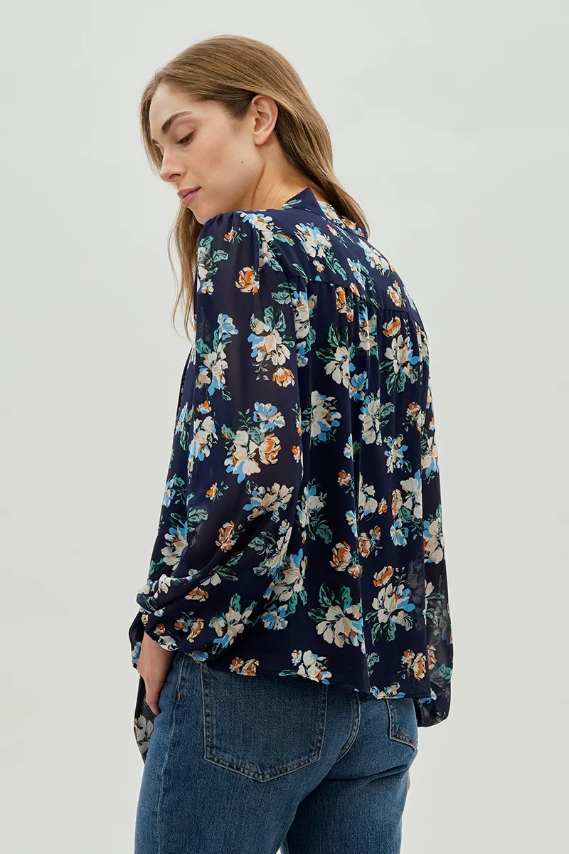Beechers Brook Floral Tie-Neck Chiffon Blouse - Navy - Image 3