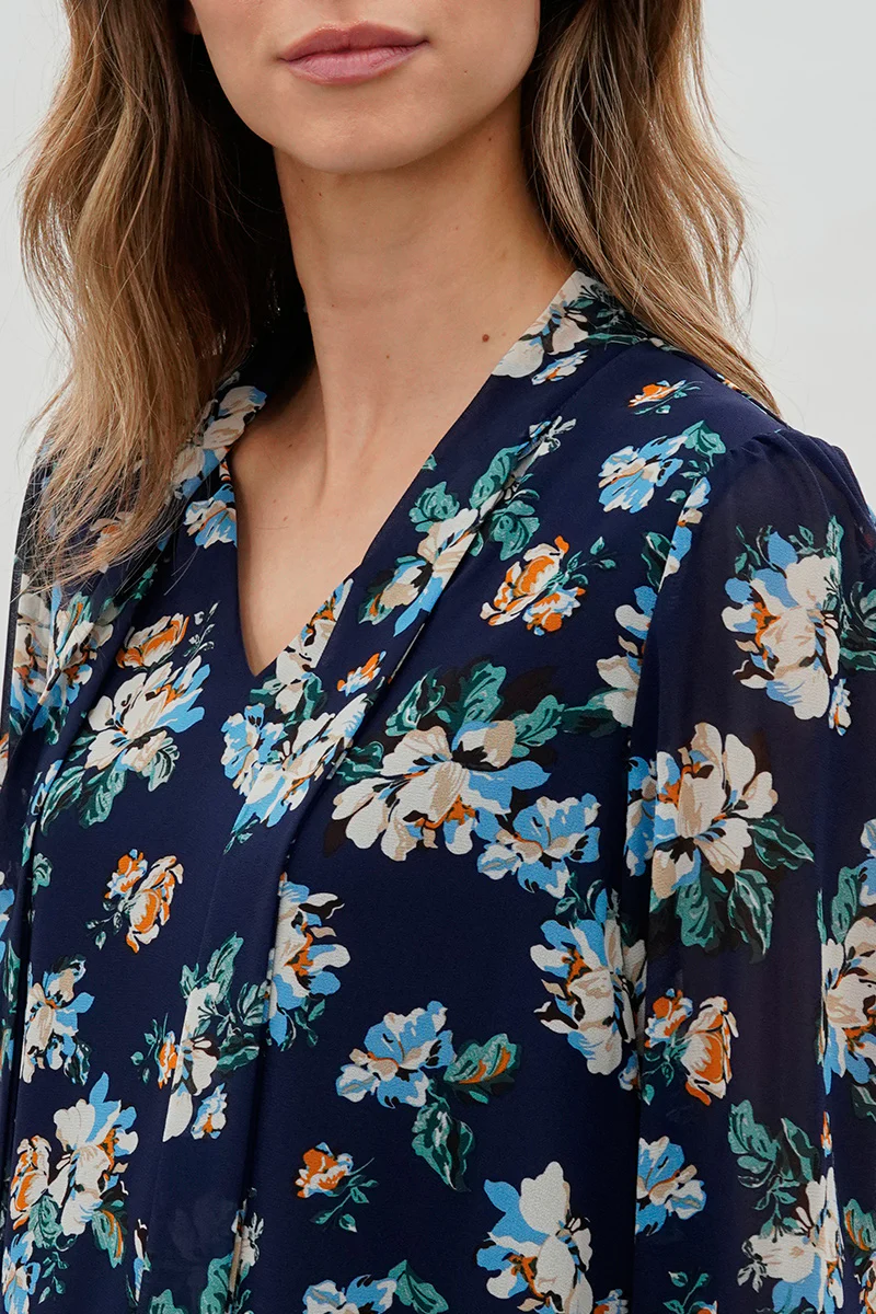 Beechers Brook Floral Tie-Neck Chiffon Blouse - Navy - Image 4