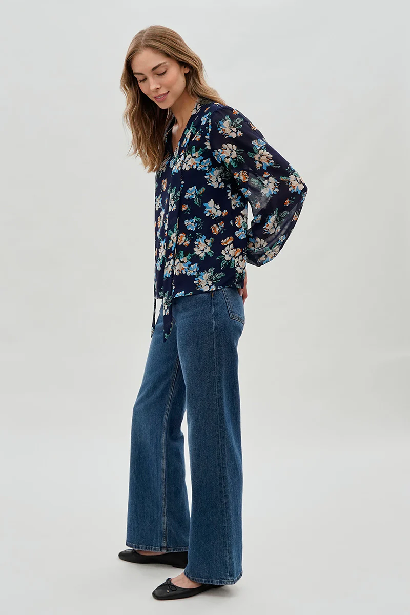 Beechers Brook Floral Tie-Neck Chiffon Blouse - Navy - Image 5