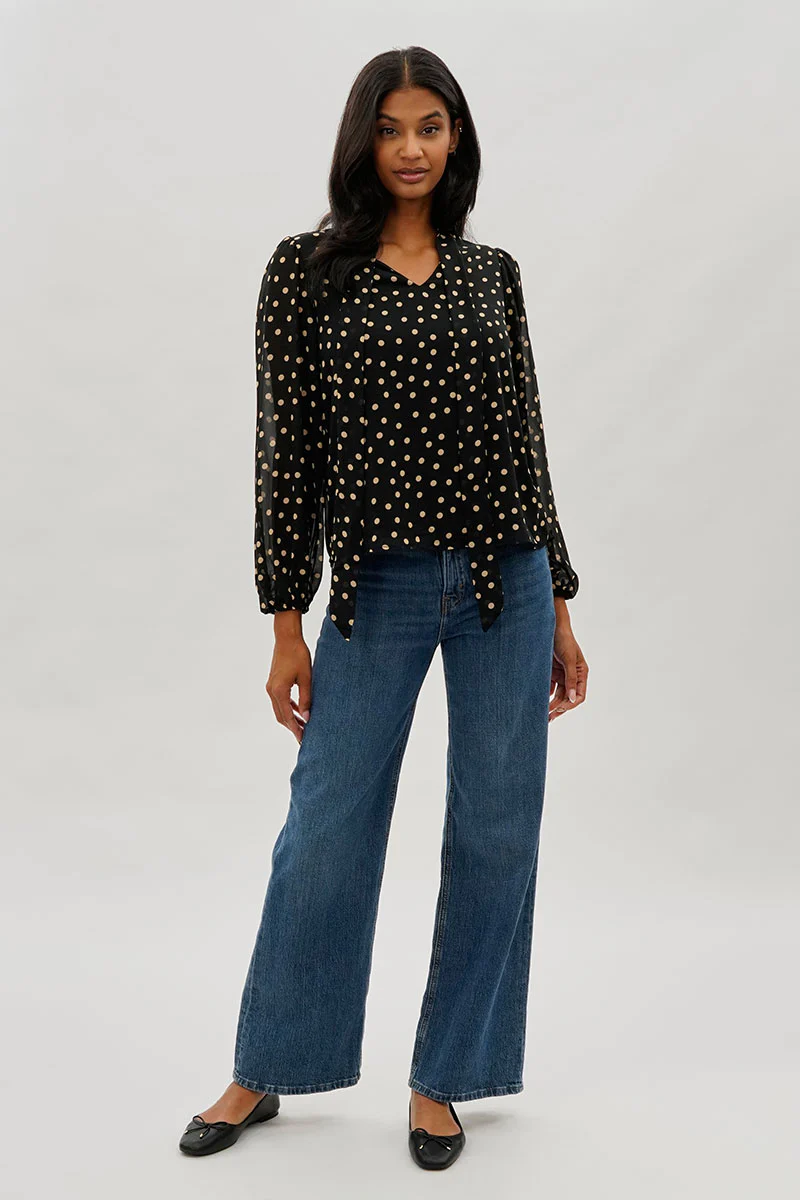 Beechers Brook Dotted Tie-Neck Long Sleeve Blouse - Black - Image 5