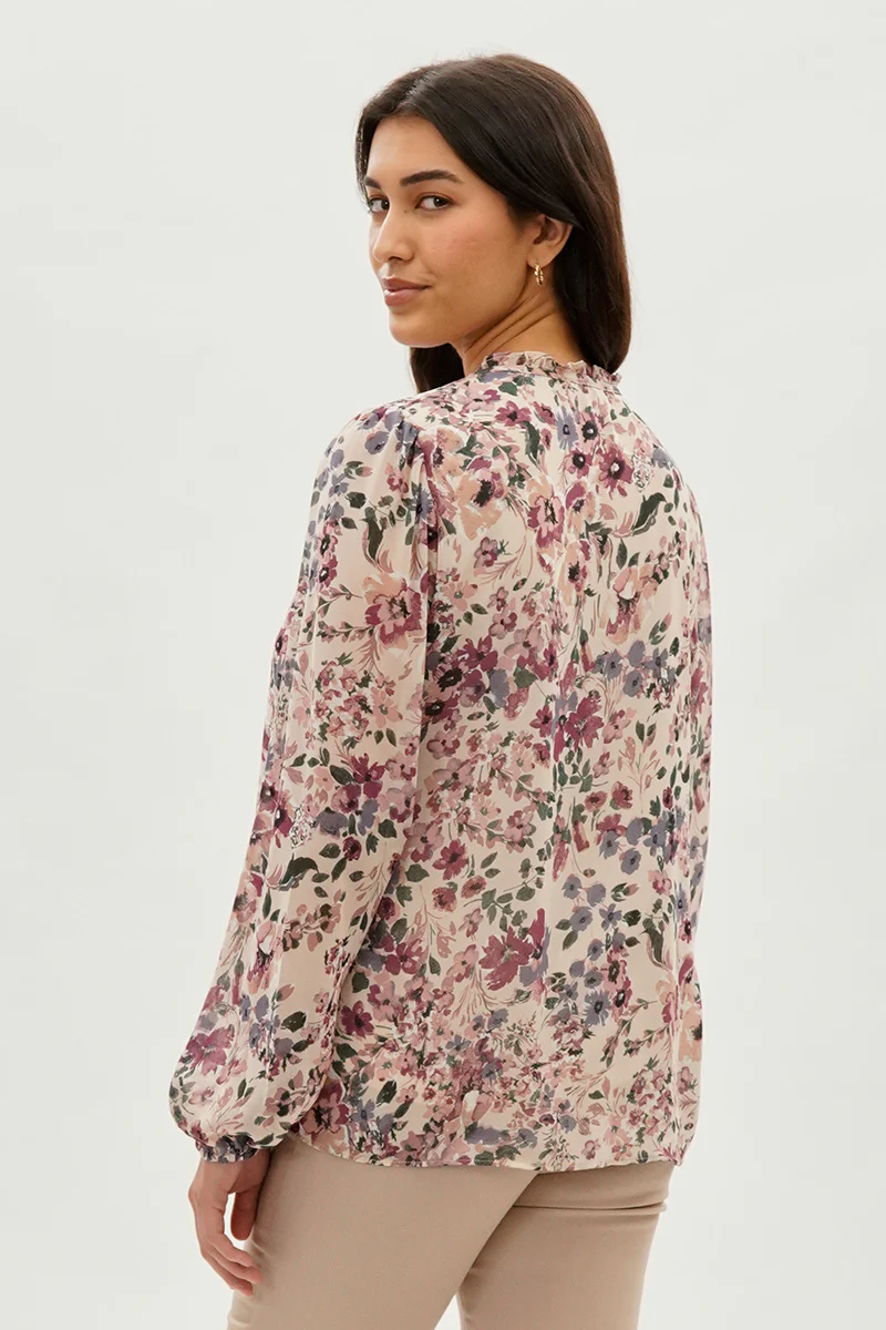 Beechers Brook Floral Tie-Neck Long Sleeve Blouse - Beige - Image 3