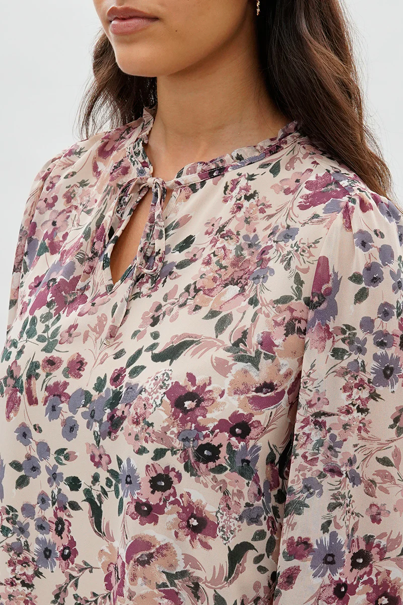 Beechers Brook Floral Tie-Neck Long Sleeve Blouse - Beige - Image 4