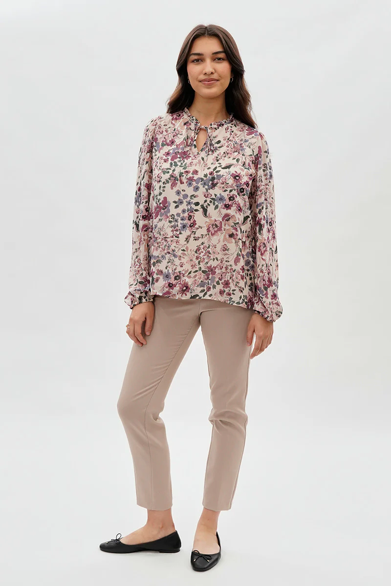 Beechers Brook Floral Tie-Neck Long Sleeve Blouse - Beige - Image 5