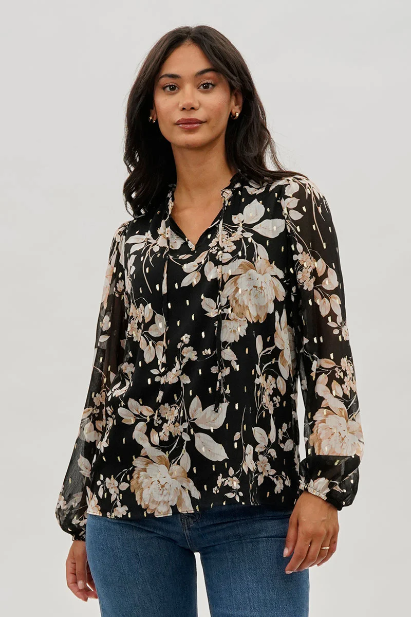 Beechers Brook Floral Tie-Neck Long Sleeve Blouse - Black