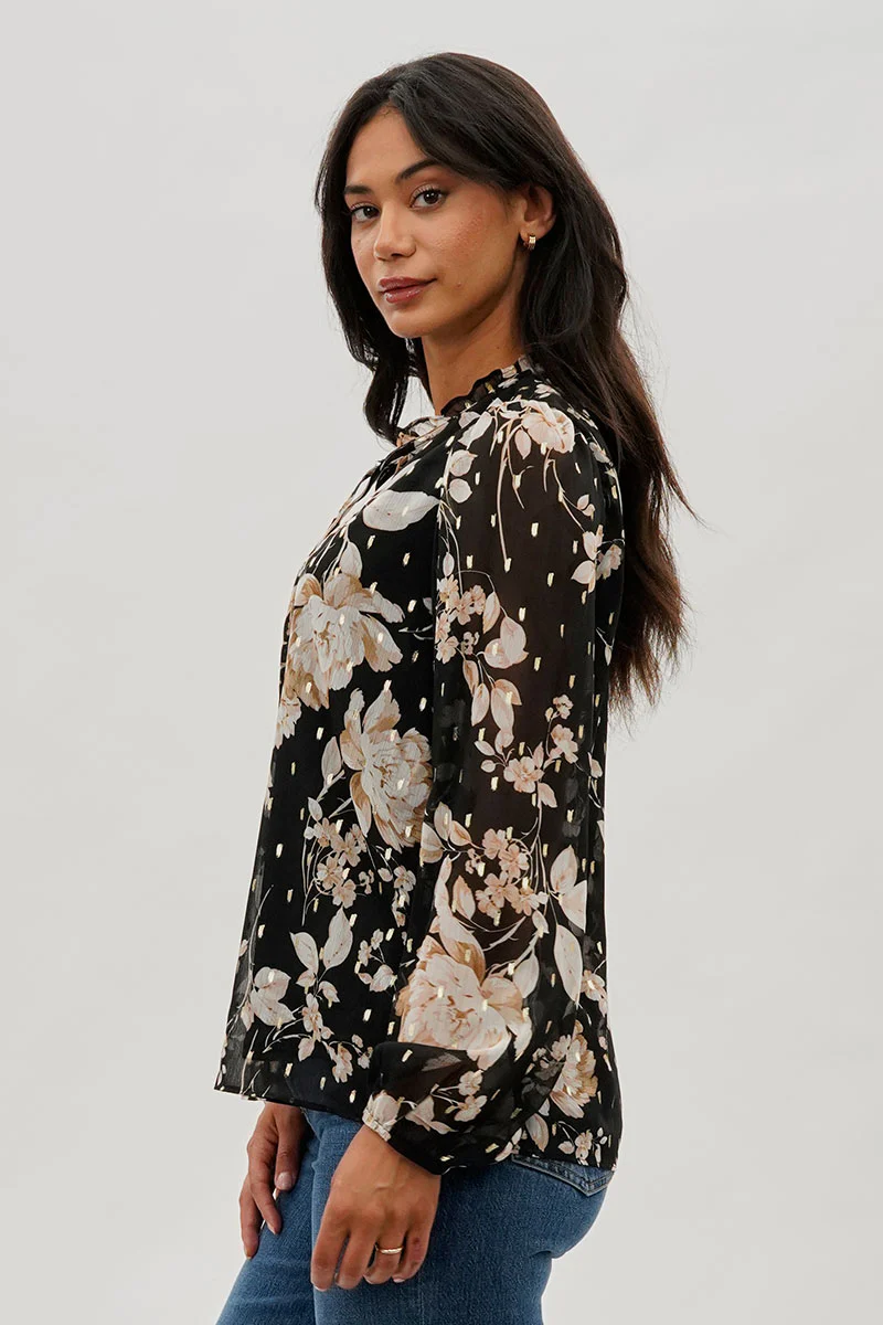 Beechers Brook Floral Tie-Neck Long Sleeve Blouse - Black - Image 2