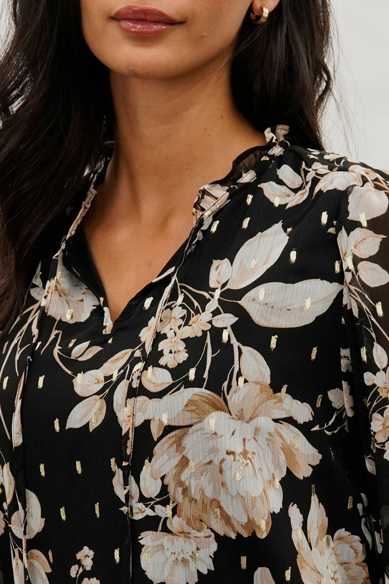 Beechers Brook Floral Tie-Neck Long Sleeve Blouse - Black - Image 4