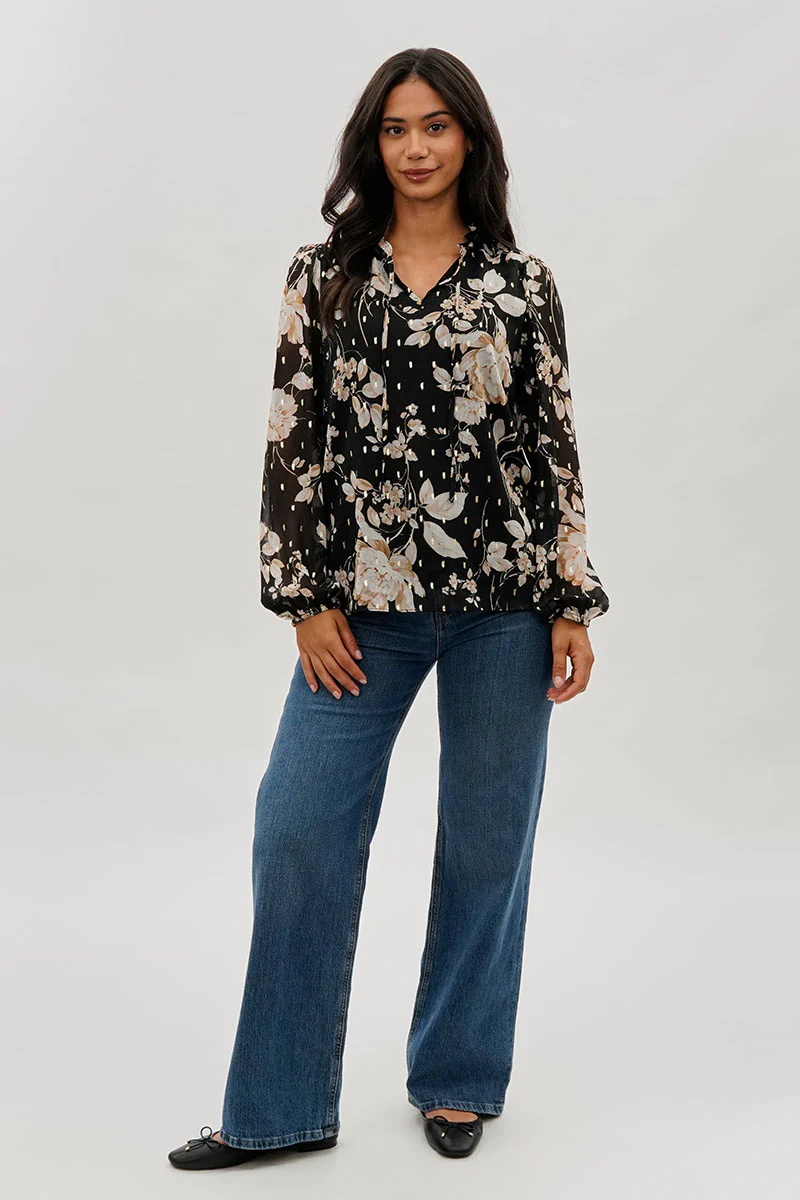 Beechers Brook Floral Tie-Neck Long Sleeve Blouse - Black - Image 5