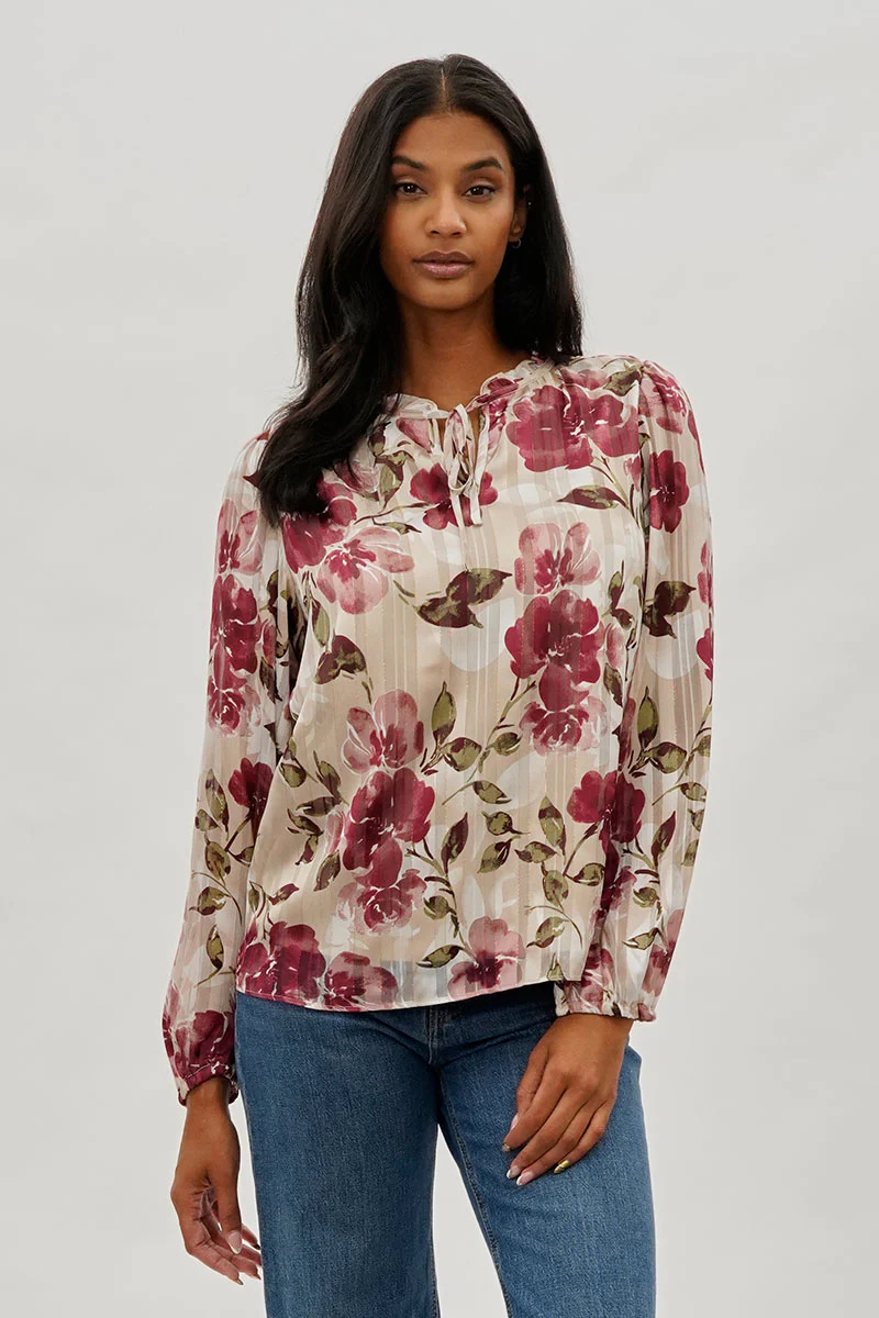 Beechers Brook Floral Tie-Neck Long Sleeve Blouse - Beige