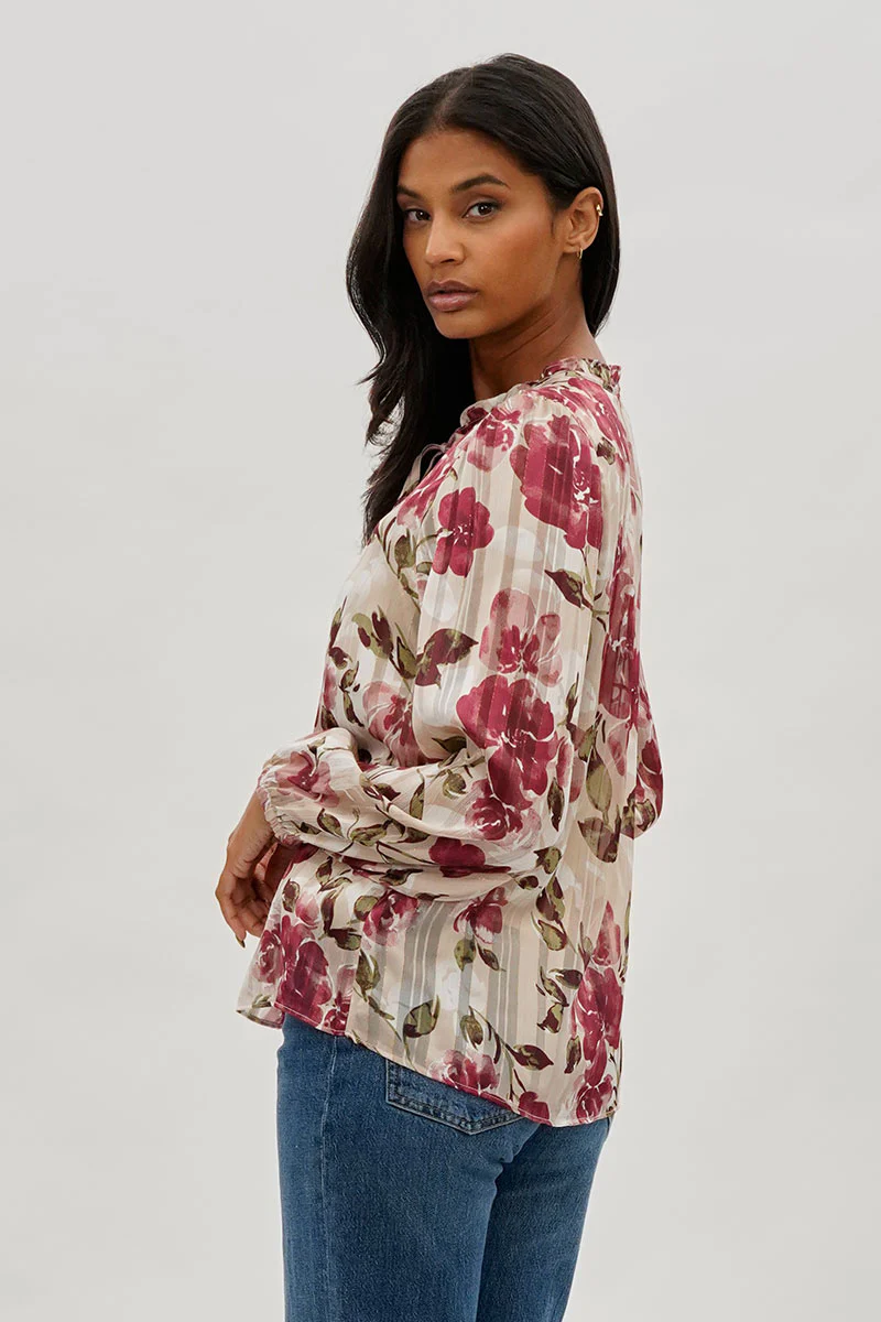 Beechers Brook Floral Tie-Neck Long Sleeve Blouse - Beige - Image 3
