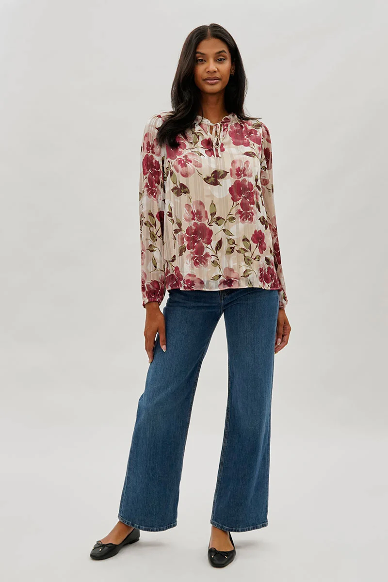 Beechers Brook Floral Tie-Neck Long Sleeve Blouse - Beige - Image 5