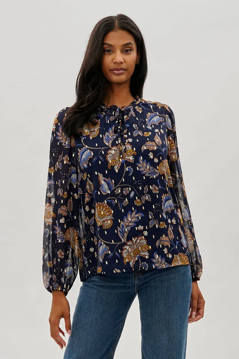 Beechers Brook Floral Tie-Neck Long Sleeve Blouse - Navy