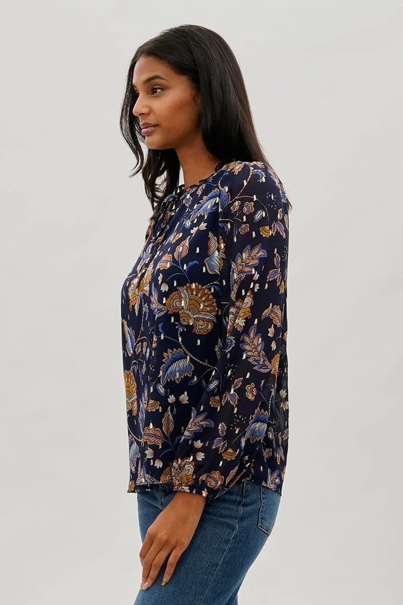 Beechers Brook Floral Tie-Neck Long Sleeve Blouse - Navy - Image 2