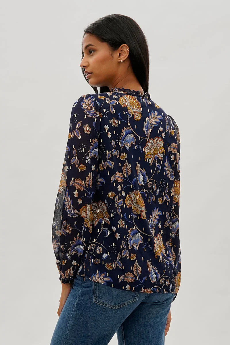 Beechers Brook Floral Tie-Neck Long Sleeve Blouse - Navy - Image 3