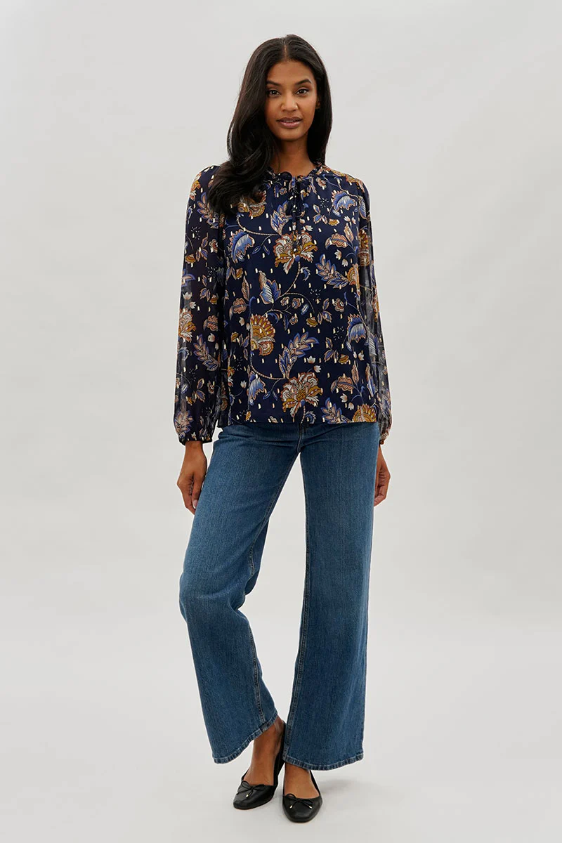 Beechers Brook Floral Tie-Neck Long Sleeve Blouse - Navy - Image 5