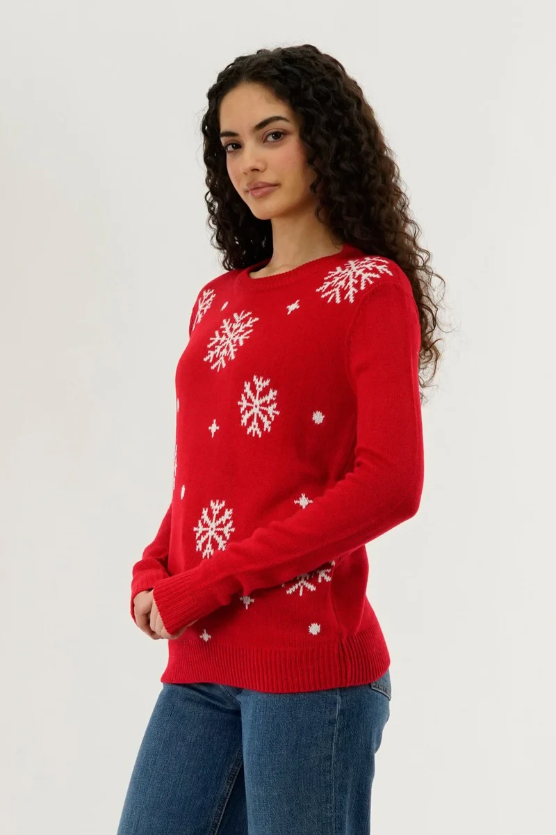 Festive Snowflake Christmas Sweater - Red - Image 2