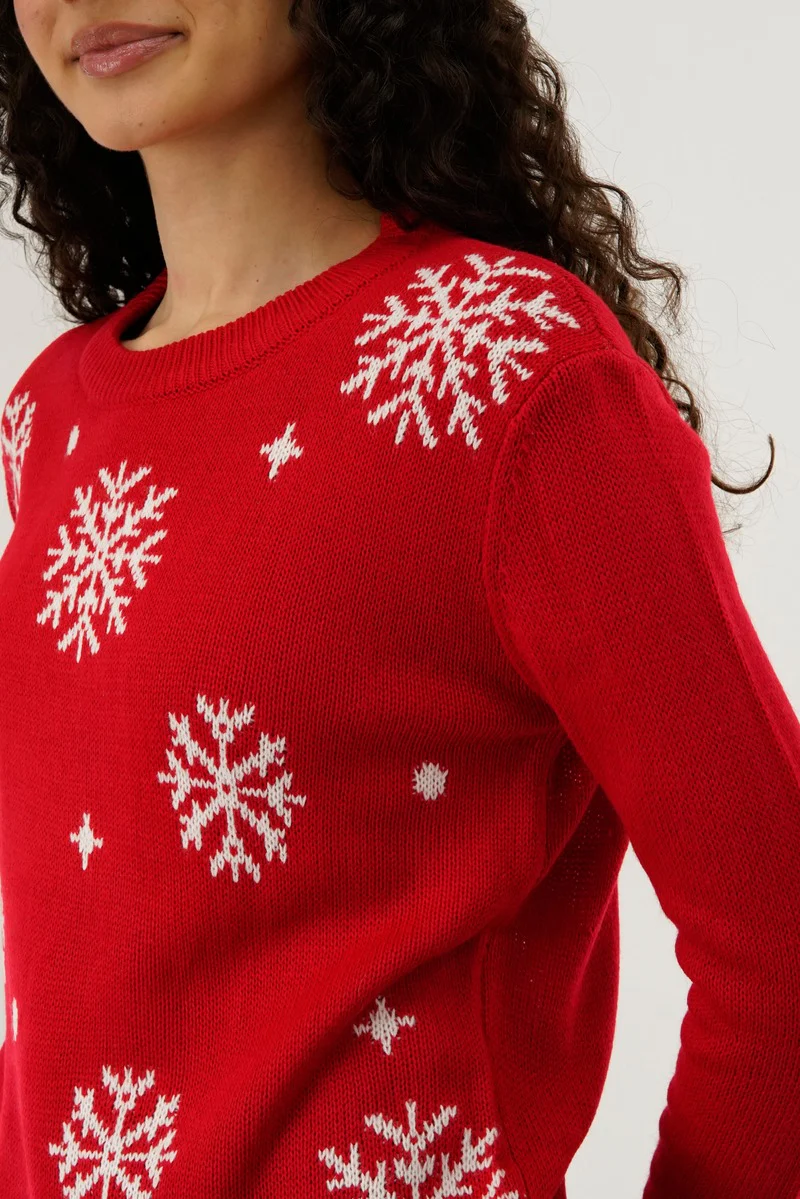 Festive Snowflake Christmas Sweater - Red - Image 4