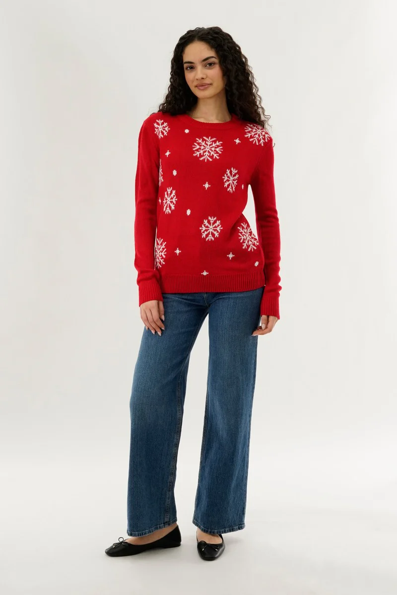 Festive Snowflake Christmas Sweater - Red - Image 5