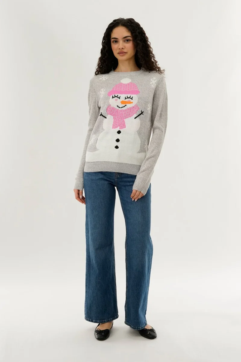Festive Snowman Christmas Sweater - Grey - Image 5