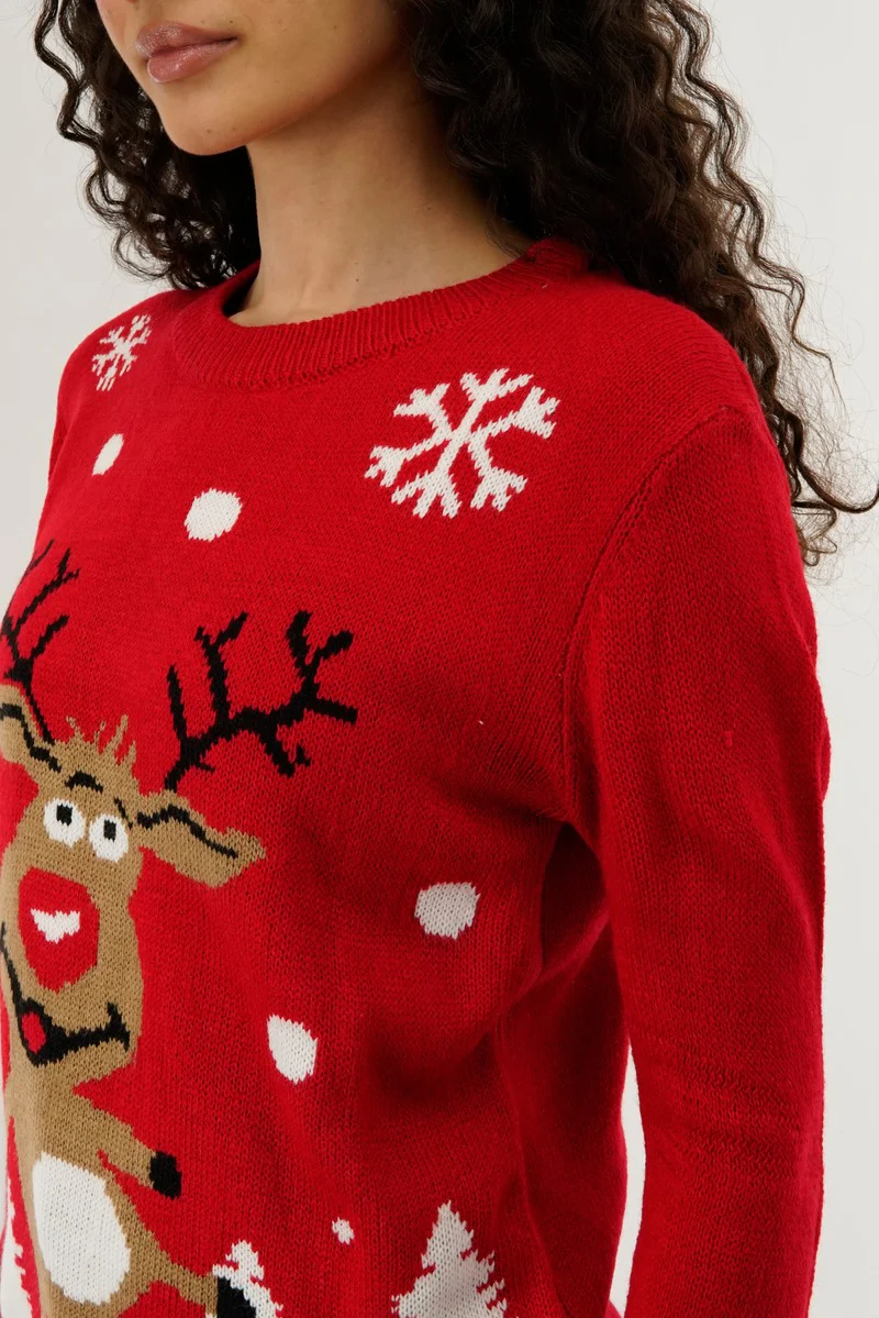 Festive Dancing Reindeer Christmas Sweater - Red - Image 4