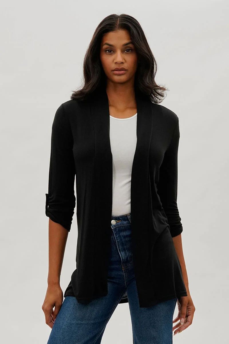 Fahrenheit Open Front Roll Up Sleeve Cardigan - Black