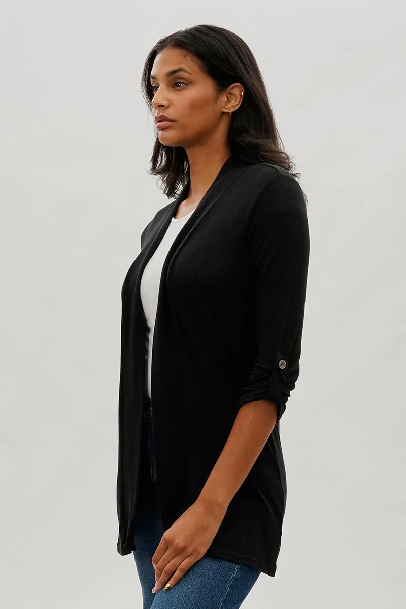 Fahrenheit Open Front Roll Up Sleeve Cardigan - Black - Image 2