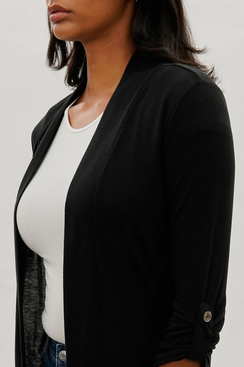 Fahrenheit Open Front Roll Up Sleeve Cardigan - Black - Image 4