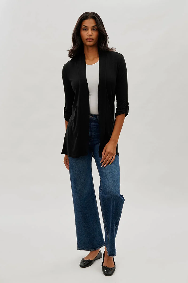 Fahrenheit Open Front Roll Up Sleeve Cardigan - Black - Image 5