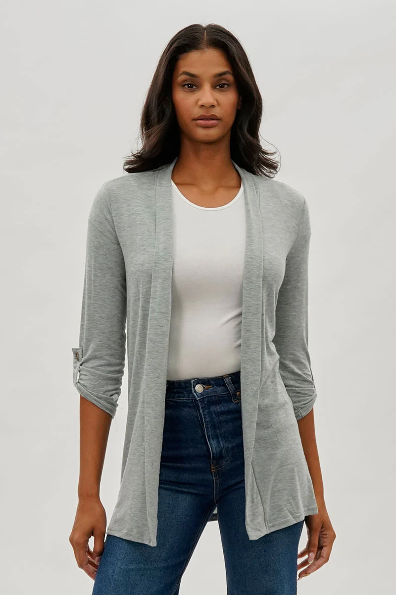 Fahrenheit Open Front Roll Up Sleeve Cardigan - Grey