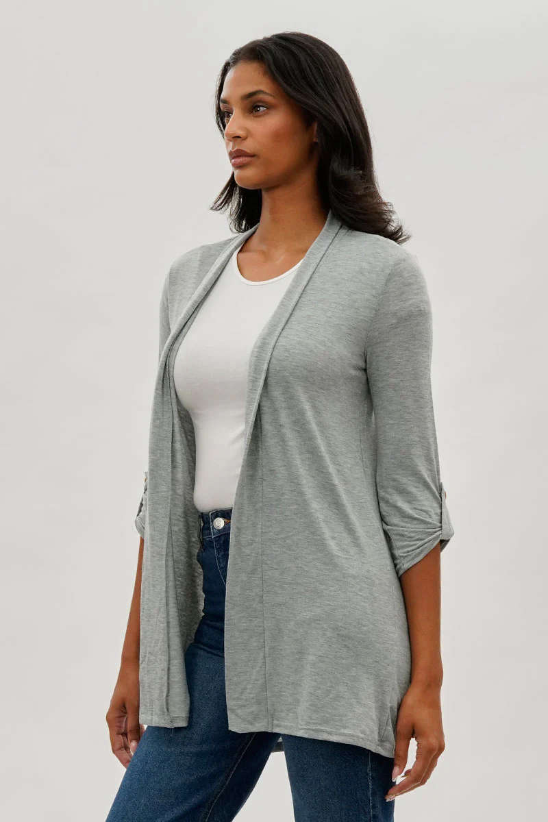 Fahrenheit Open Front Roll Up Sleeve Cardigan - Grey - Image 2