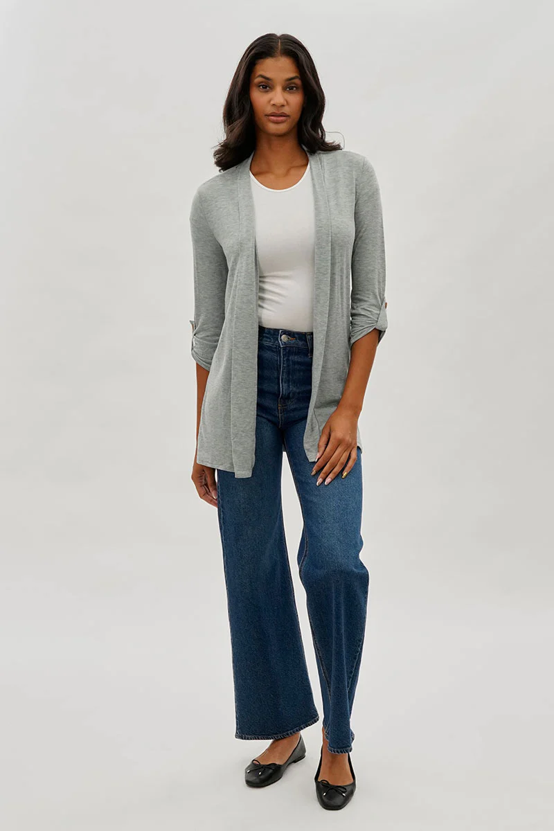 Fahrenheit Open Front Roll Up Sleeve Cardigan - Grey - Image 5