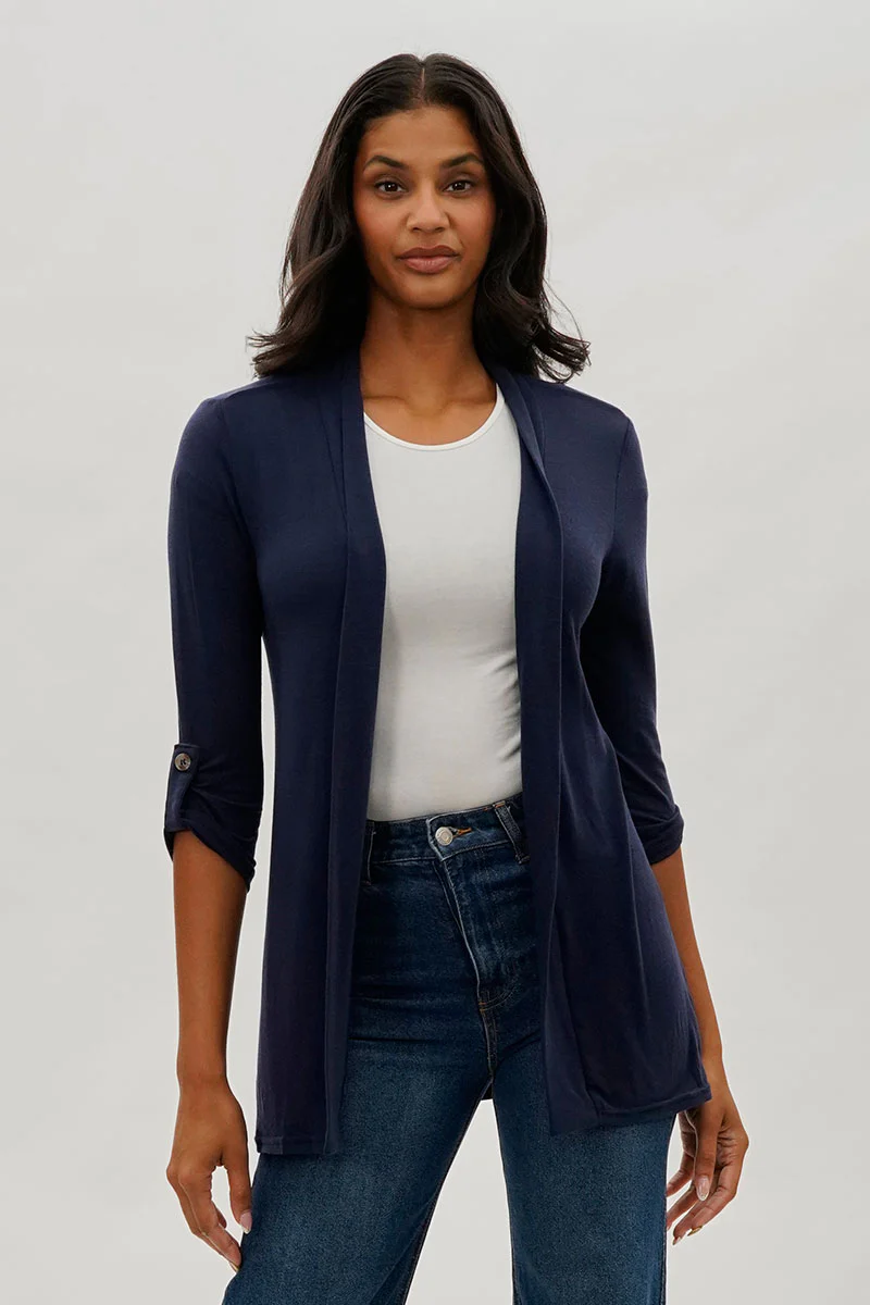 Fahrenheit Open Front Roll Up Sleeve Cardigan - Navy