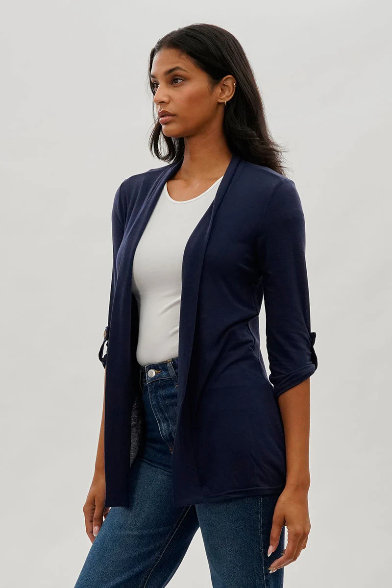 Fahrenheit Open Front Roll Up Sleeve Cardigan - Navy - Image 2