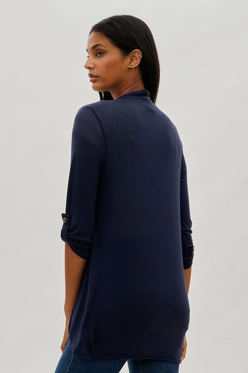 Fahrenheit Open Front Roll Up Sleeve Cardigan - Navy - Image 3