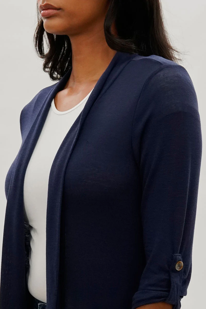 Fahrenheit Open Front Roll Up Sleeve Cardigan - Navy - Image 4