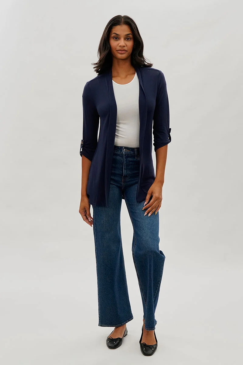 Fahrenheit Open Front Roll Up Sleeve Cardigan - Navy - Image 5