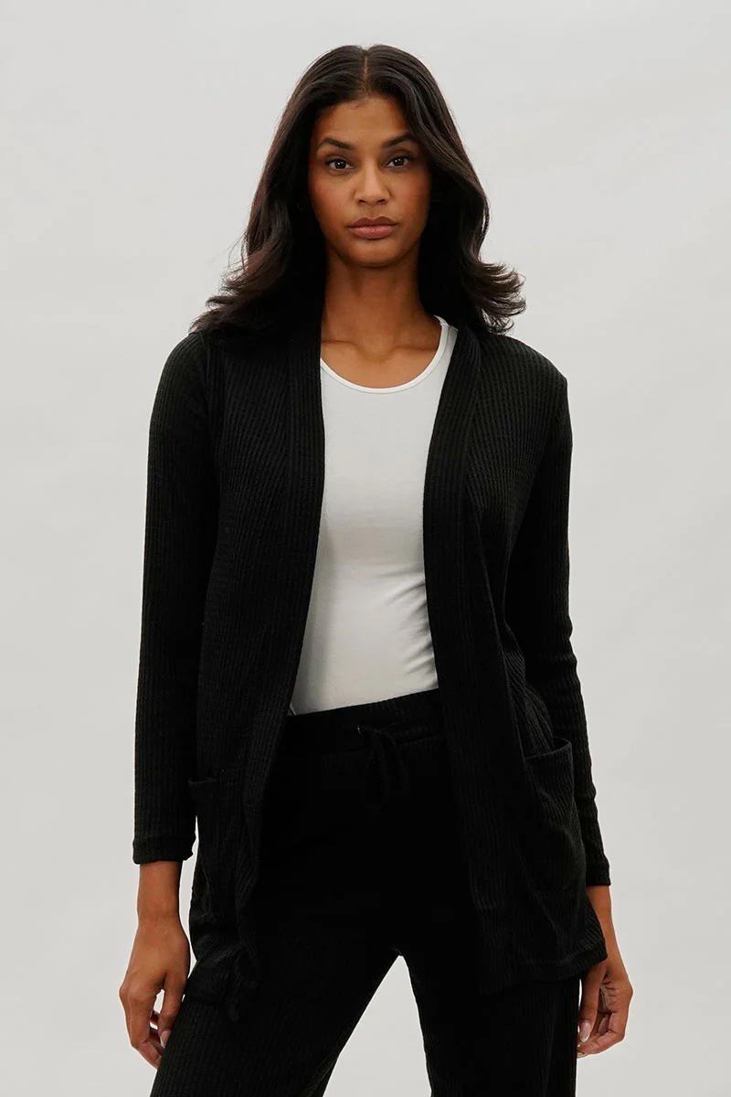Fahrenheit Open Front Waffle Knit Cardigan - Black