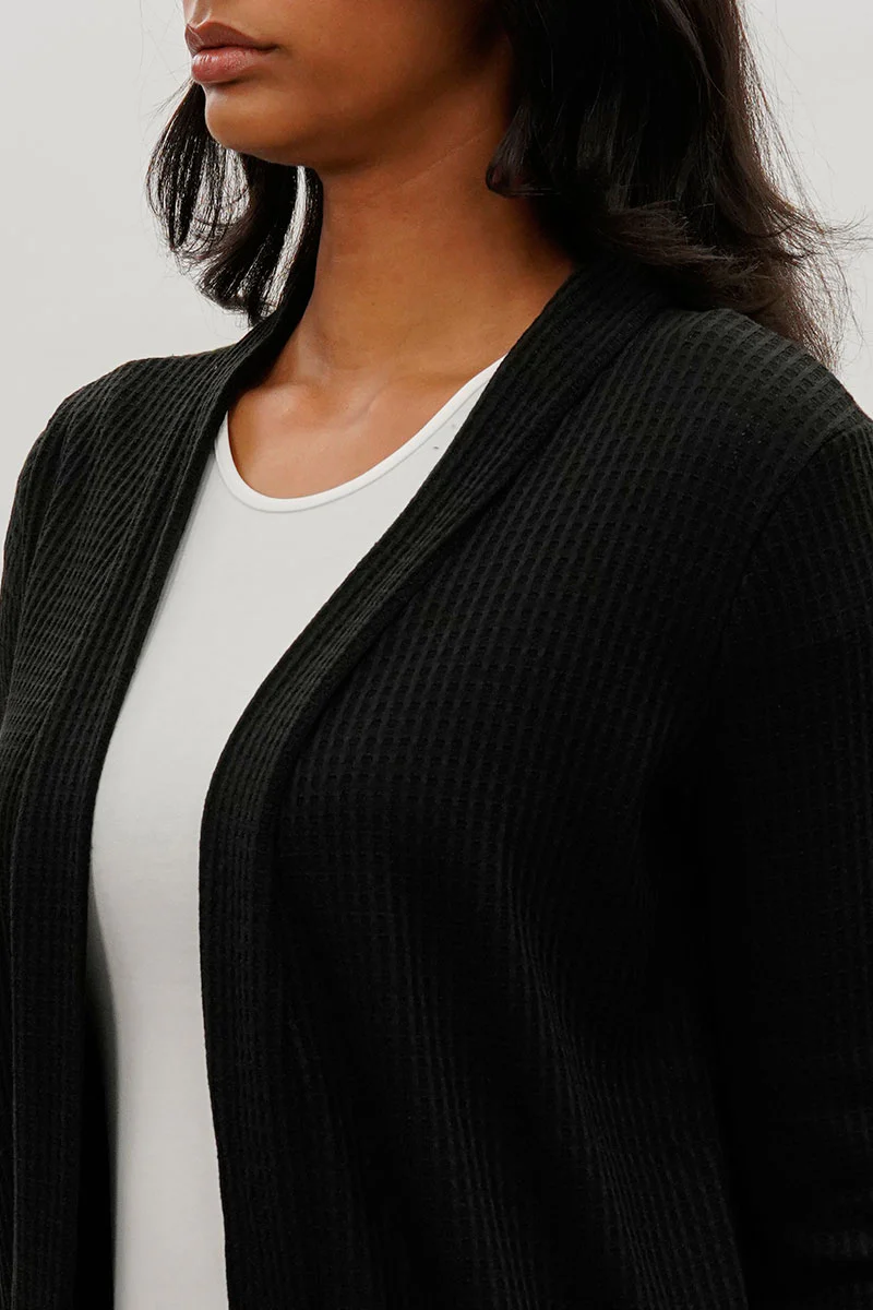 Fahrenheit Open Front Waffle Knit Cardigan - Black - Image 4