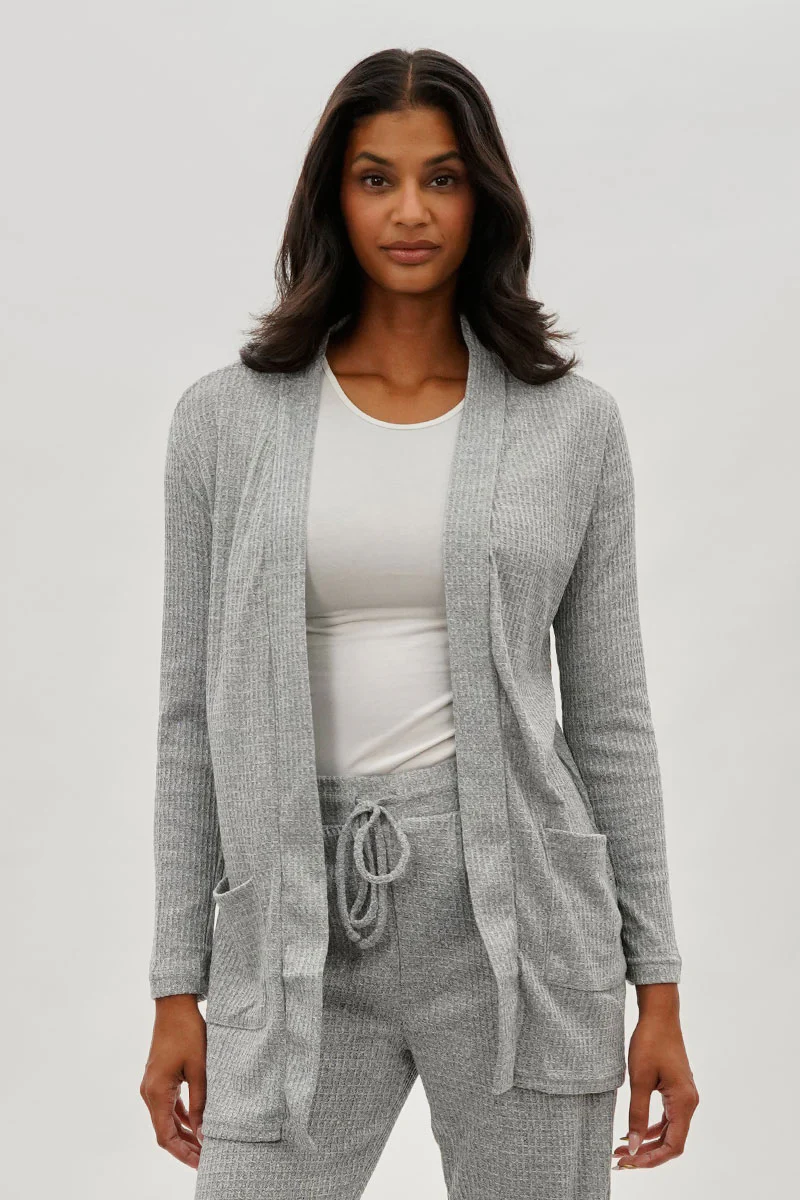Fahrenheit Open Front Waffle Knit Cardigan - Grey