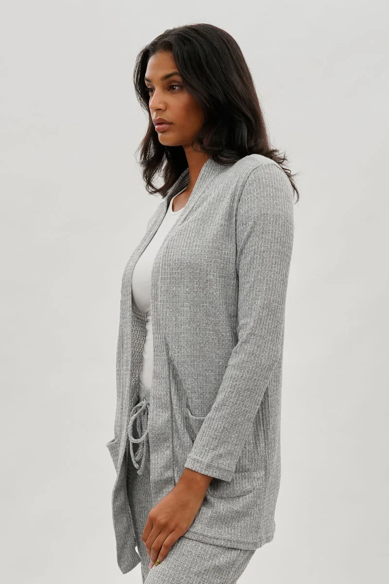 Fahrenheit Open Front Waffle Knit Cardigan - Grey - Image 2