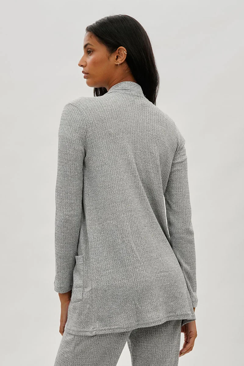 Fahrenheit Open Front Waffle Knit Cardigan - Grey - Image 3